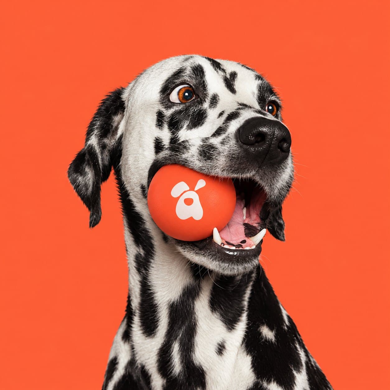 Un dalmatien tient une balle corail marquée du symbole d'Alliance.